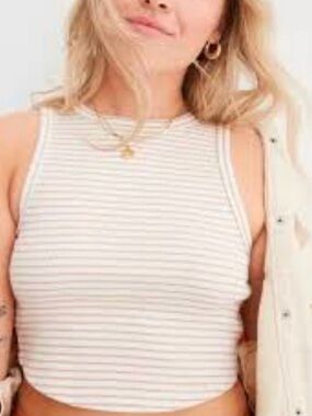 Aerie | Tan/Cream Stripe Free Spirit Ribbed Cropped Racerback Tank Top Sz Small